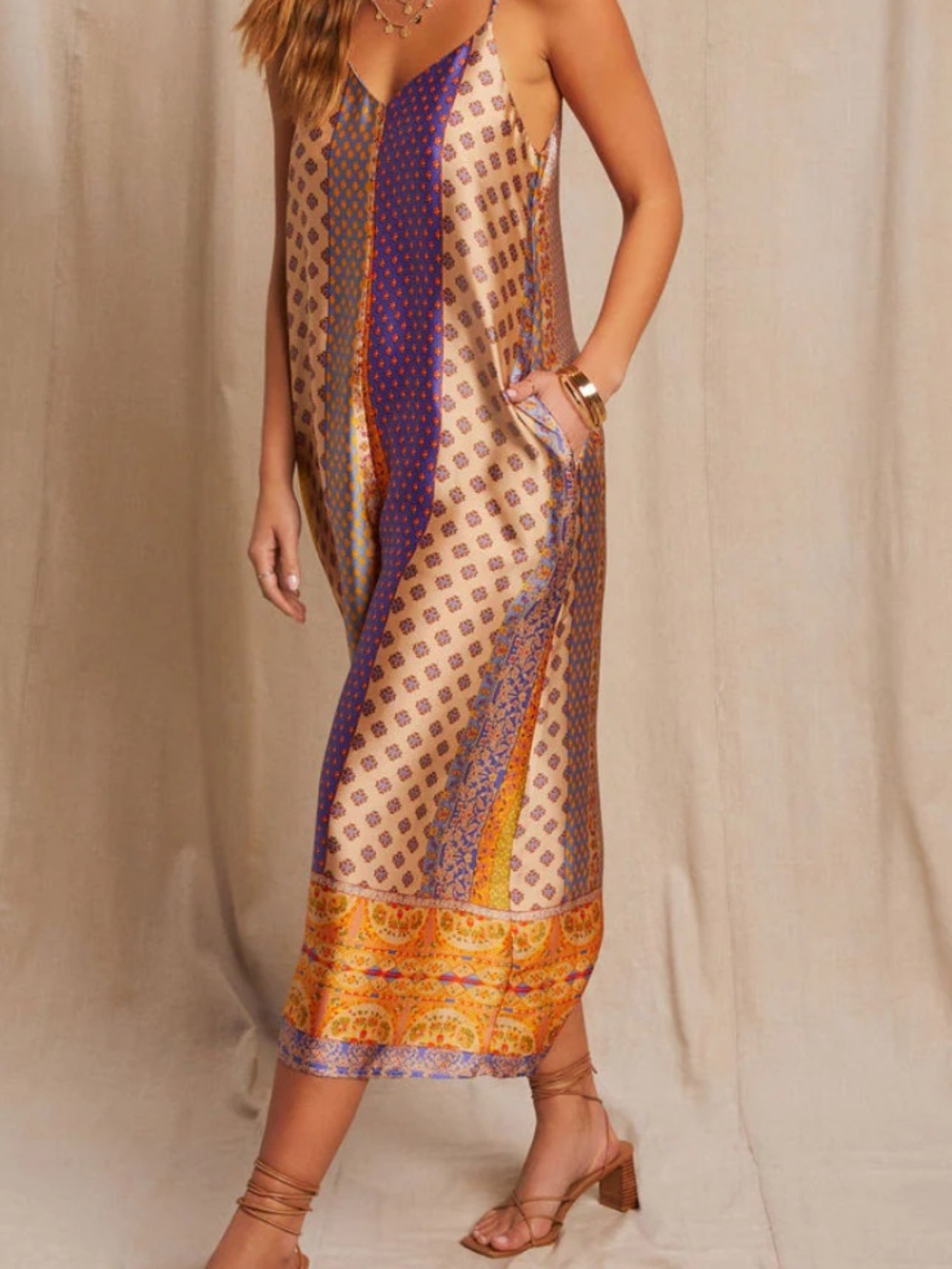 Dress Forum Cream and Blue Patchwork Slip Jumpsuit
